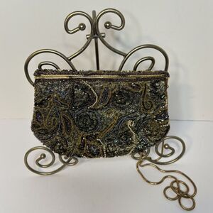 Vintage Beaded Iridescent Clutch Fold Over Latch Closure Evening Bag Gold